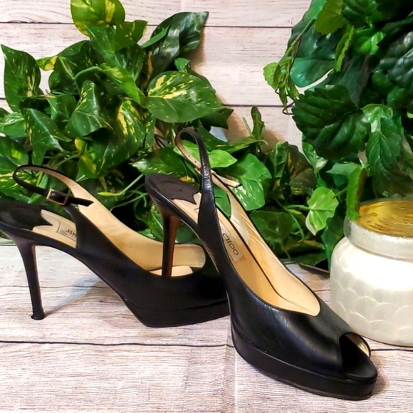 Jimmy Choo Black Leather Peeptoe Slingback Heels - Picture 3 of 16